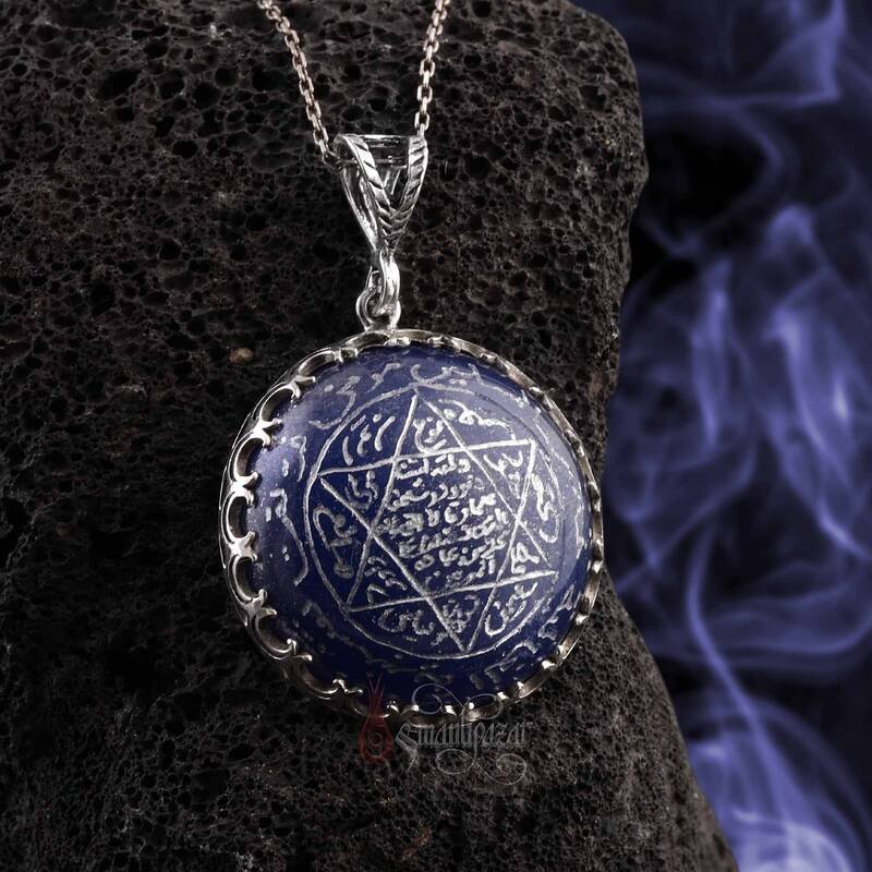 Orijinal Mavi Akik Taşı Mührü Süleyman 925 Ayar Gümüş Kolye
