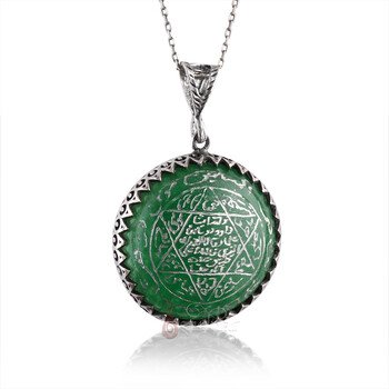Orijinal Yeşil Akik Taşı Mührü Süleyman 925 Ayar Gümüş Elde Oyma İşçiliği Kolye - Thumbnail