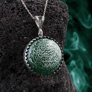 Orijinal Yeşil Akik Taşı Mührü Süleyman 925 Ayar Gümüş Elde Oyma İşçiliği Kolye - Thumbnail