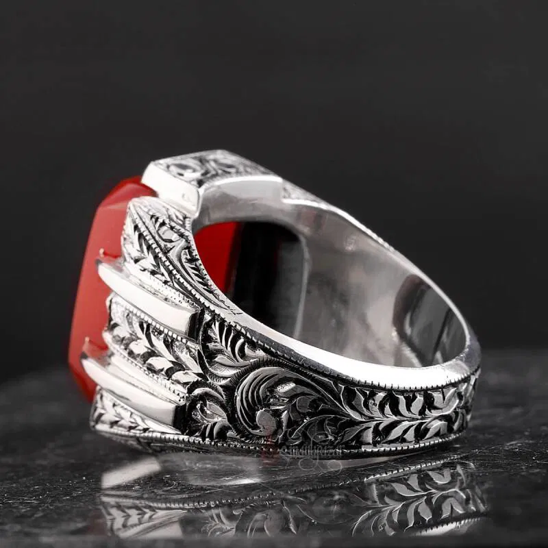 Orjinal Yemen Akik Taşlı Erzurum Kalem İşi ( NURULLAH DAŞDAN USTA ) Gümüş Yüzük - 5