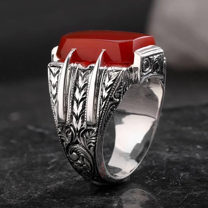 Orjinal Yemen Akik Taşlı Erzurum Kalem İşi ( NURULLAH DAŞDAN USTA ) Gümüş Yüzük - 2