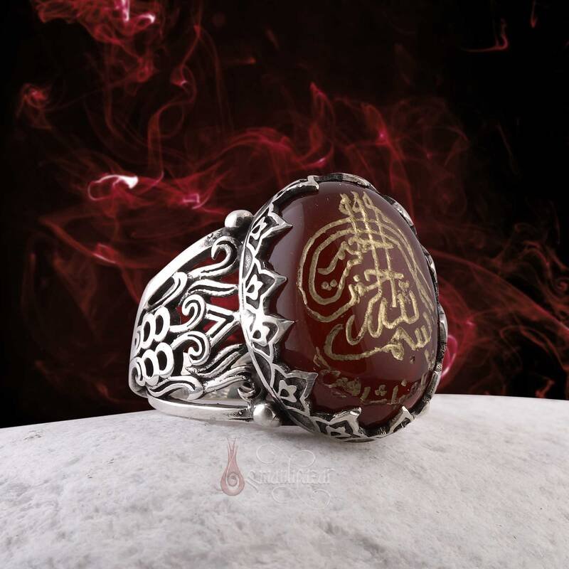 Osmanlı Tugrası Besmele Yazılı Akik Taşı Tuğralı 925 Ayar Gümüş Yüzük