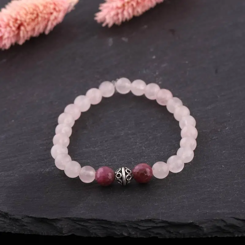 Pembe Kuvars ve Yakut Taşlı Gümüş Bileklik - 2