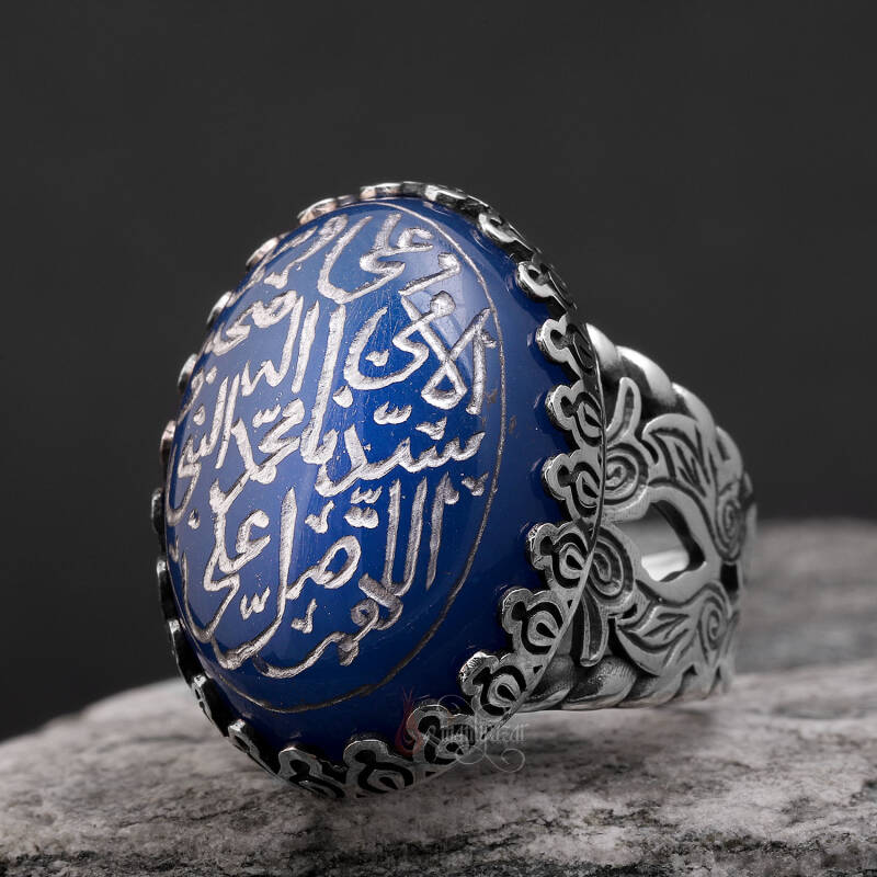 Salavati Şerif Elde Yazma Mavi Akik Taşlı Gümüş Yüzük - 2