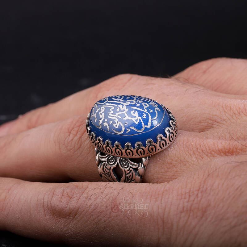 Salavati Şerif Elde Yazma Mavi Akik Taşlı Gümüş Yüzük - 4