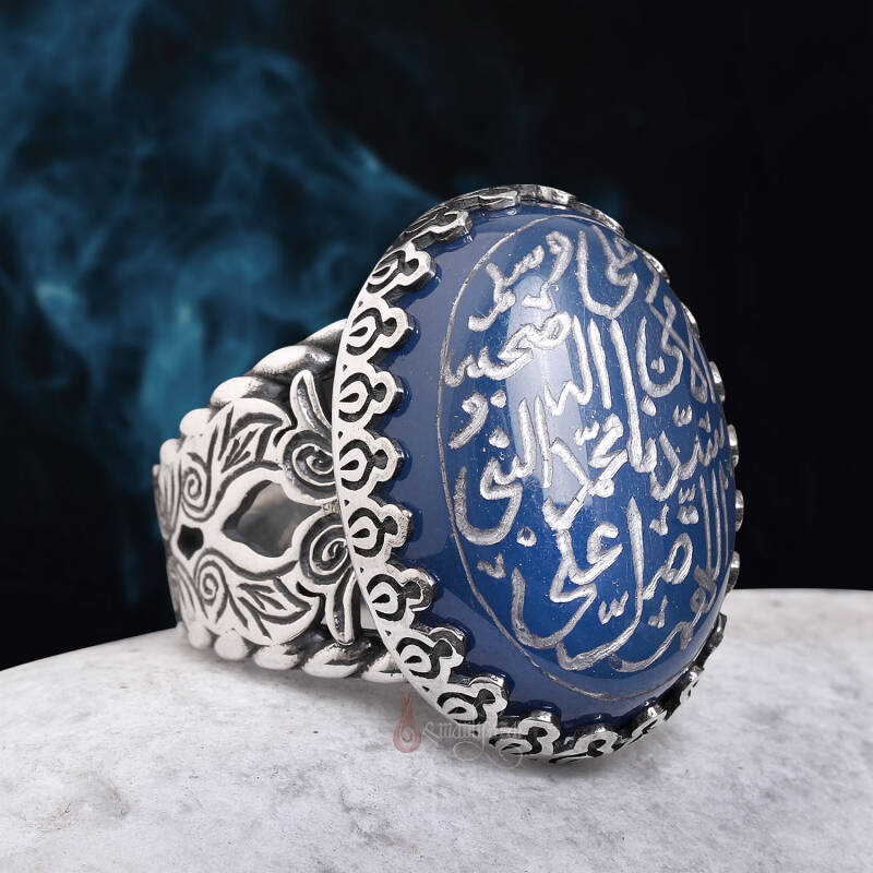 Salavati Şerif Elde Yazma Mavi Akik Taşlı Gümüş Yüzük - 5