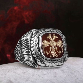 Selçuklu Çift Başlı Kartal Akik Taşı 925 Ayar Gümüş Yüzük - 2