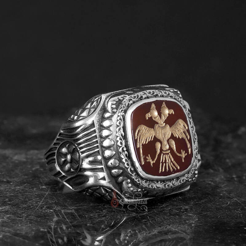 Selçuklu Çift Başlı Kartal Akik Taşı 925 Ayar Gümüş Yüzük - 3