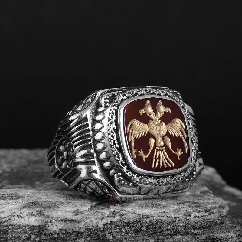 Selçuklu Çift Başlı Kartal Akik Taşı 925 Ayar Gümüş Yüzük - 1