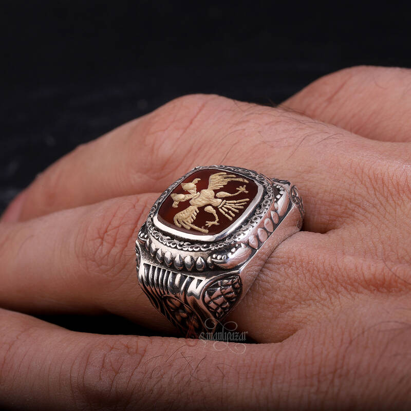 Selçuklu Çift Başlı Kartal Akik Taşı 925 Ayar Gümüş Yüzük - 4