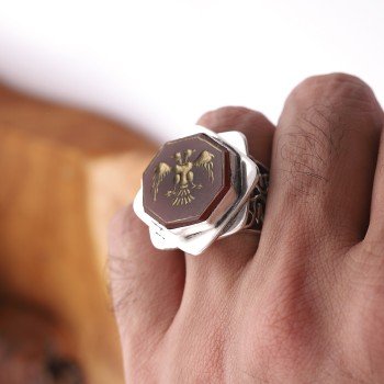 Selçuklu Devlet Yüzüğü Tamamı Usta İşçiliği 925 Ayar Gümüş - Thumbnail
