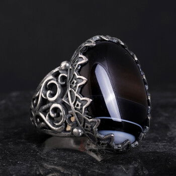 Siyah Çizgili Akik Taşı 925 Ayar Gümüş El İşçiliği Yüzük - 2