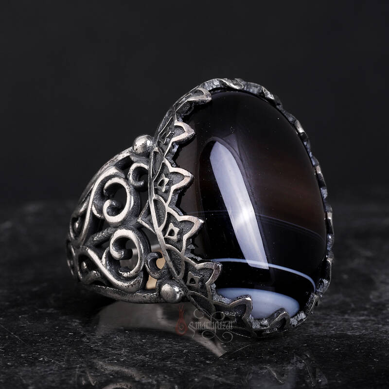 Siyah Çizgili Akik Taşı 925 Ayar Gümüş El İşçiliği Yüzük - 2