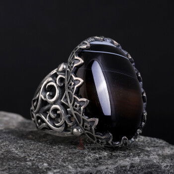 Siyah Çizgili Akik Taşı 925 Ayar Gümüş El İşçiliği Yüzük - 3