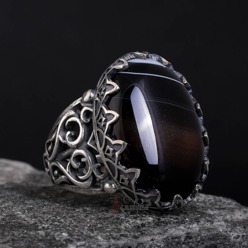 Siyah Çizgili Akik Taşı 925 Ayar Gümüş El İşçiliği Yüzük - 3