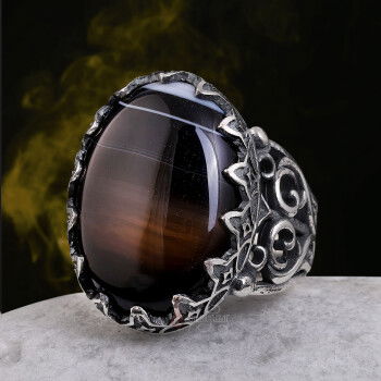 Siyah Çizgili Akik Taşı 925 Ayar Gümüş El İşçiliği Yüzük - 1