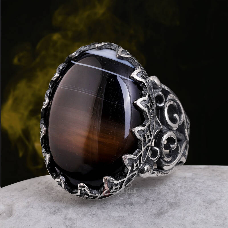 Siyah Çizgili Akik Taşı 925 Ayar Gümüş El İşçiliği Yüzük - 1