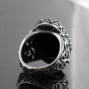 Siyah Oniks Taşı 925 Ayar Gümüş Tırnak İşlemeli Yüzük - Thumbnail