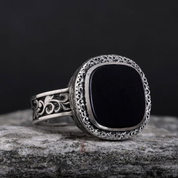 Siyah Oniks Taşı Erzurum Kalem İşçiliği 925 Ayar Gümüş Yüzük - 2
