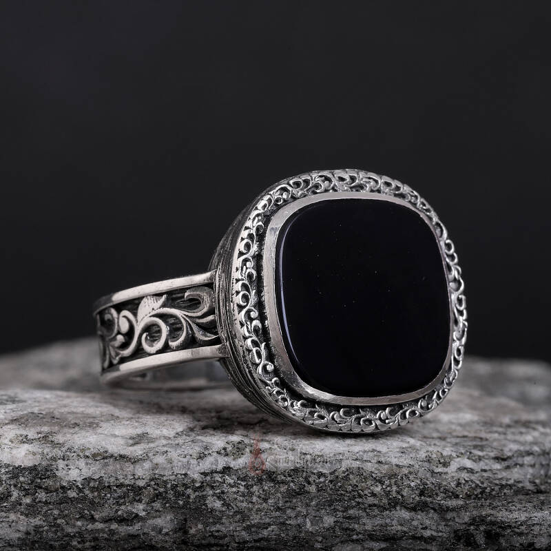 Siyah Oniks Taşı Erzurum Kalem İşçiliği 925 Ayar Gümüş Yüzük - 2