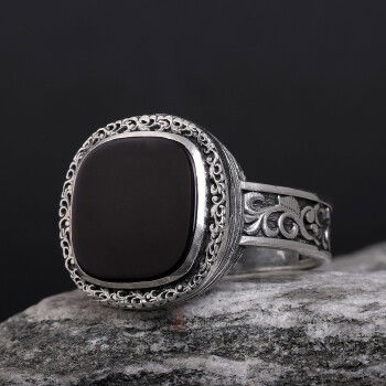 Siyah Oniks Taşı Erzurum Kalem İşçiliği 925 Ayar Gümüş Yüzük - 3