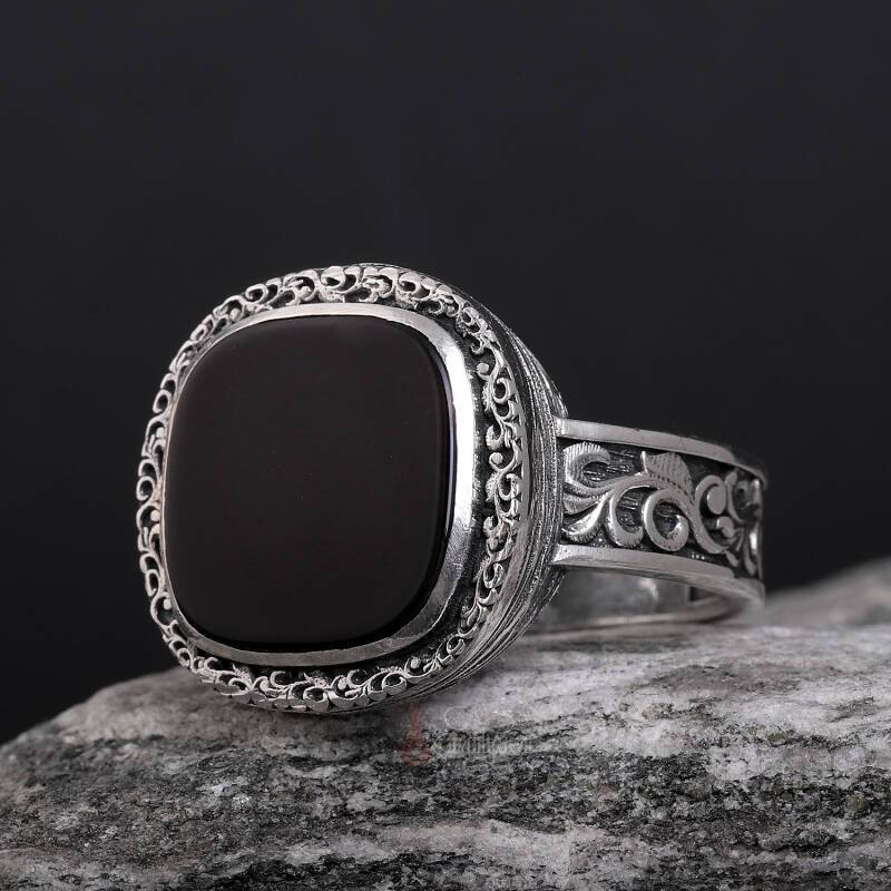 Siyah Oniks Taşı Erzurum Kalem İşçiliği 925 Ayar Gümüş Yüzük - 3