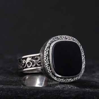 Siyah Oniks Taşı Erzurum Kalem İşçiliği 925 Ayar Gümüş Yüzük - 4