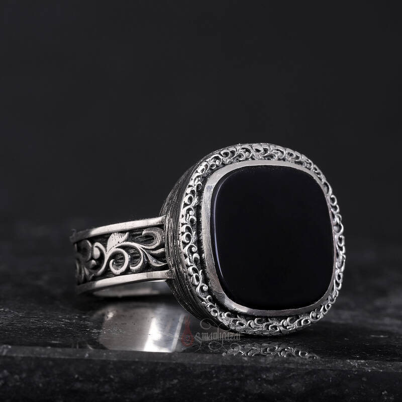 Siyah Oniks Taşı Erzurum Kalem İşçiliği 925 Ayar Gümüş Yüzük - 4