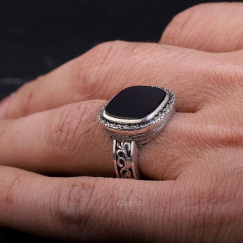 Siyah Oniks Taşı Erzurum Kalem İşçiliği 925 Ayar Gümüş Yüzük - 5