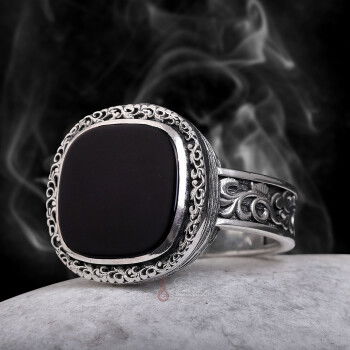 Siyah Oniks Taşı Erzurum Kalem İşçiliği 925 Ayar Gümüş Yüzük - 1