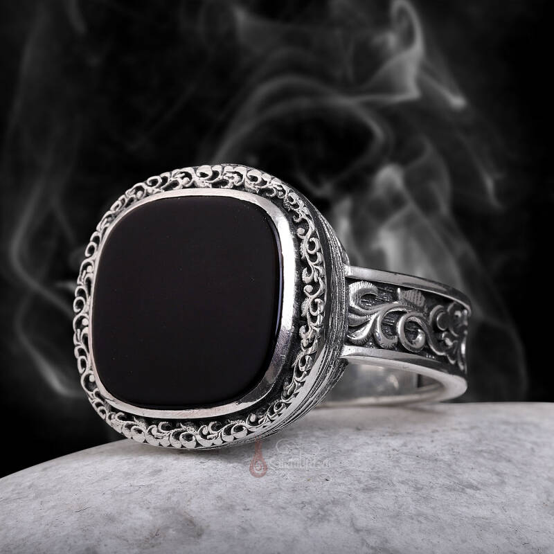 Siyah Oniks Taşı Erzurum Kalem İşçiliği 925 Ayar Gümüş Yüzük - 1