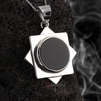 Siyah Onix Doğal Taşlı 925 Ayar Gümüş Sekizgen Tasarım Kolye - Thumbnail