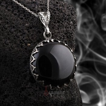 Siyah Onix Doğal Taşlı 925 Ayar Gümüş Yuvarlak Tasarım El İşçiliği Kolye - Thumbnail