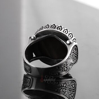 Siyah Onix Taşı 925 Ayar Gümüş Kalem İşi Yüzük - Thumbnail
