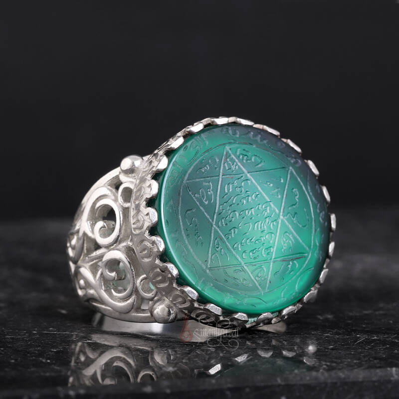 Tamamı El Kazıması Akik Taşlı Süleyman Mührü Gümüş Yüzük - 2