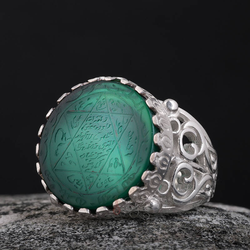 Tamamı El Kazıması Akik Taşlı Süleyman Mührü Gümüş Yüzük - 4