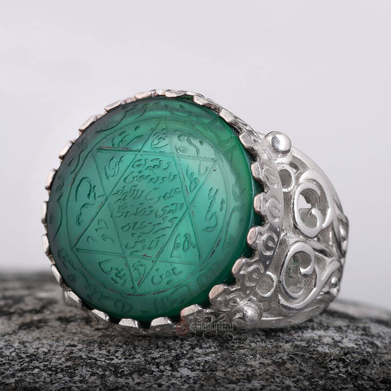 Tamamı El Kazıması Akik Taşlı Süleyman Mührü Gümüş Yüzük - 5