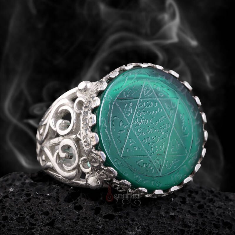 Tamamı El Kazıması Akik Taşlı Süleyman Mührü Gümüş Yüzük - 7