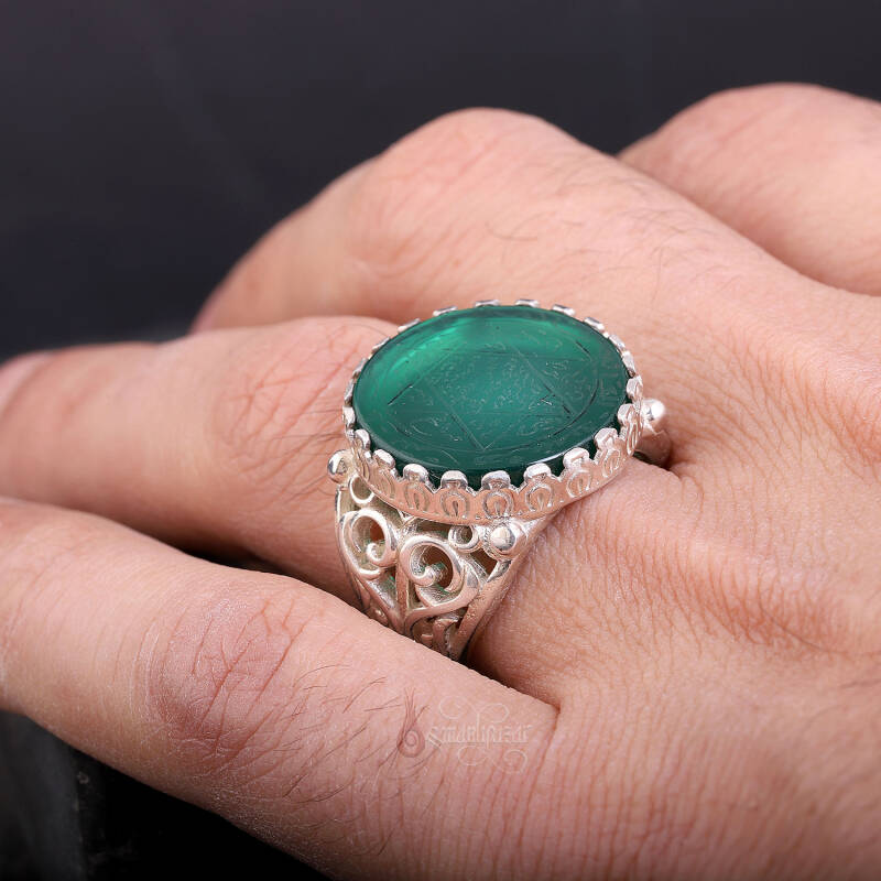 Tamamı El Kazıması Akik Taşlı Süleyman Mührü Gümüş Yüzük - 3