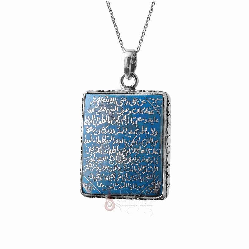 Tamamı El Yazması Hilye-i Şerif Yazılı Firuze Taşı 925 Ayar Gümüş Kolye