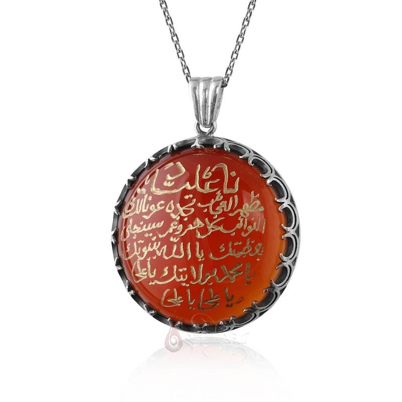 Tamamı El Yazması Nadi Ali Duası Akik Taşlı Gümüş Kolye