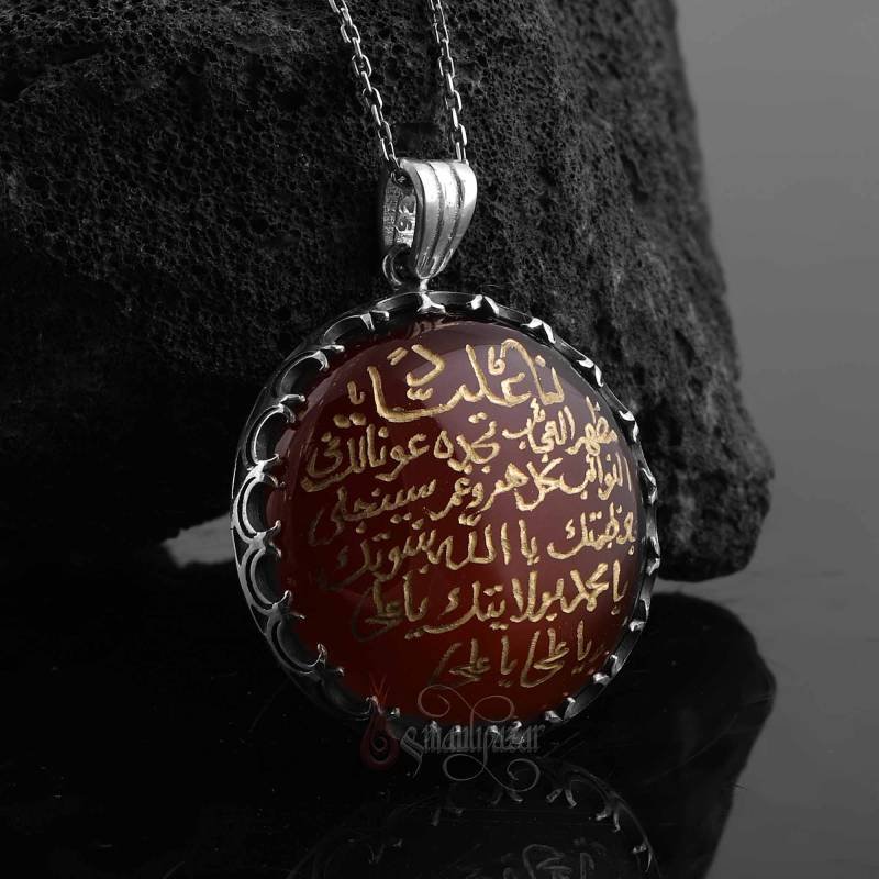 Tamamı El Yazması Nadi Ali Duası Akik Taşlı Gümüş Kolye