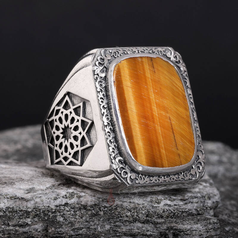 Üzeri Erzurum Kalem İşçiliği Kenarları Osmanlı Motifi Kaplangözü Taşı Gümüş Yüzük - 1