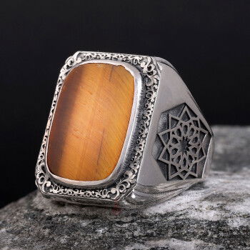 Üzeri Erzurum Kalem İşçiliği Kenarları Osmanlı Motifi Kaplangözü Taşı Gümüş Yüzük - 2