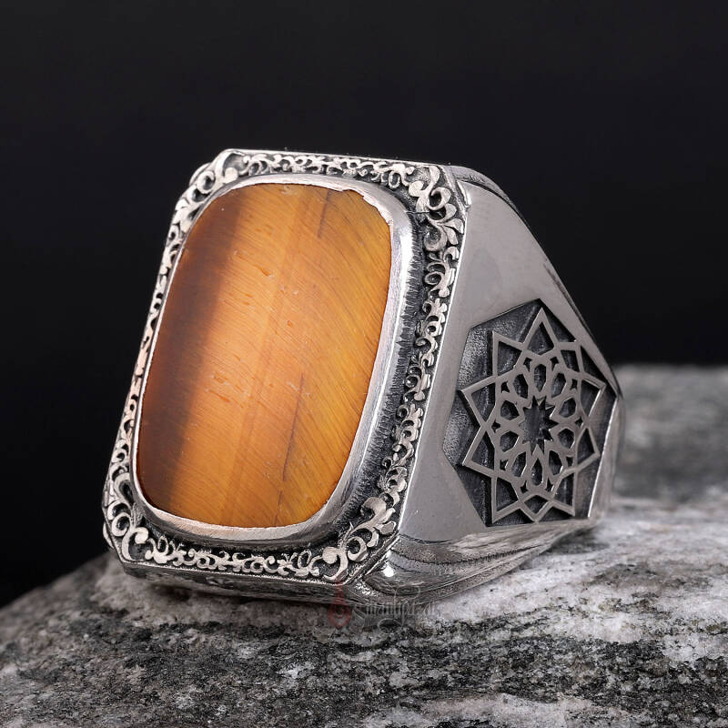 Üzeri Erzurum Kalem İşçiliği Kenarları Osmanlı Motifi Kaplangözü Taşı Gümüş Yüzük - 2