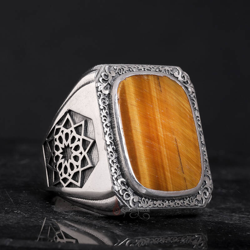 Üzeri Erzurum Kalem İşçiliği Kenarları Osmanlı Motifi Kaplangözü Taşı Gümüş Yüzük - 3