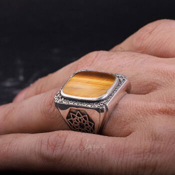 Üzeri Erzurum Kalem İşçiliği Kenarları Osmanlı Motifi Kaplangözü Taşı Gümüş Yüzük - 4