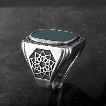 Üzeri Erzurum Kalem İşçiliği Kenarları Osmanlı Motifi Yeşil Akik Taşı Gümüş Yüzük - 3