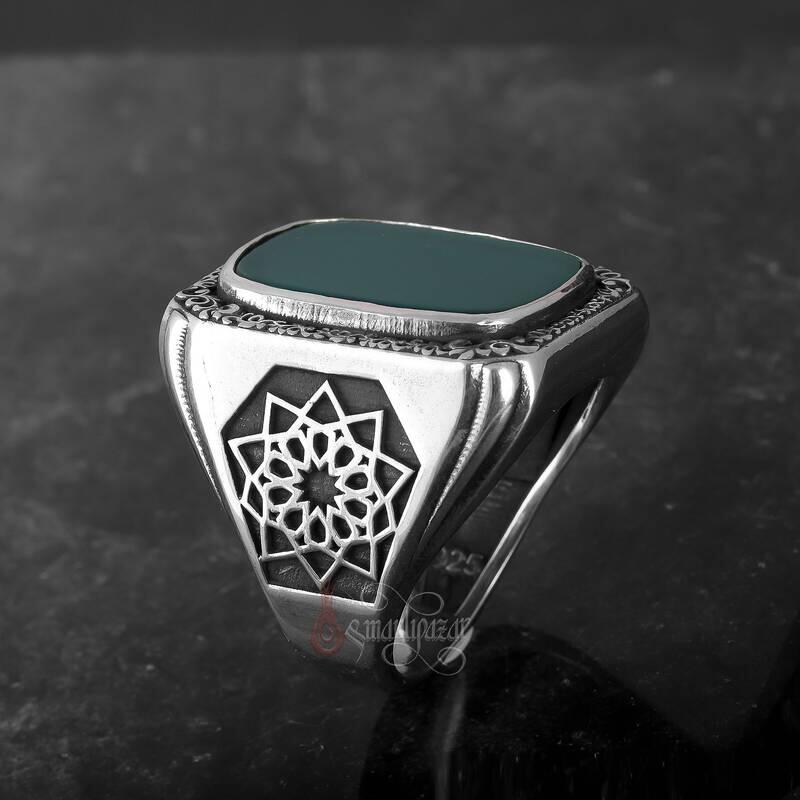 Üzeri Erzurum Kalem İşçiliği Kenarları Osmanlı Motifi Yeşil Akik Taşı Gümüş Yüzük - 3