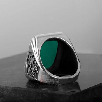 Üzeri Erzurum Kalem İşçiliği Kenarları Osmanlı Motifi Yeşil Akik Taşı Gümüş Yüzük - 4